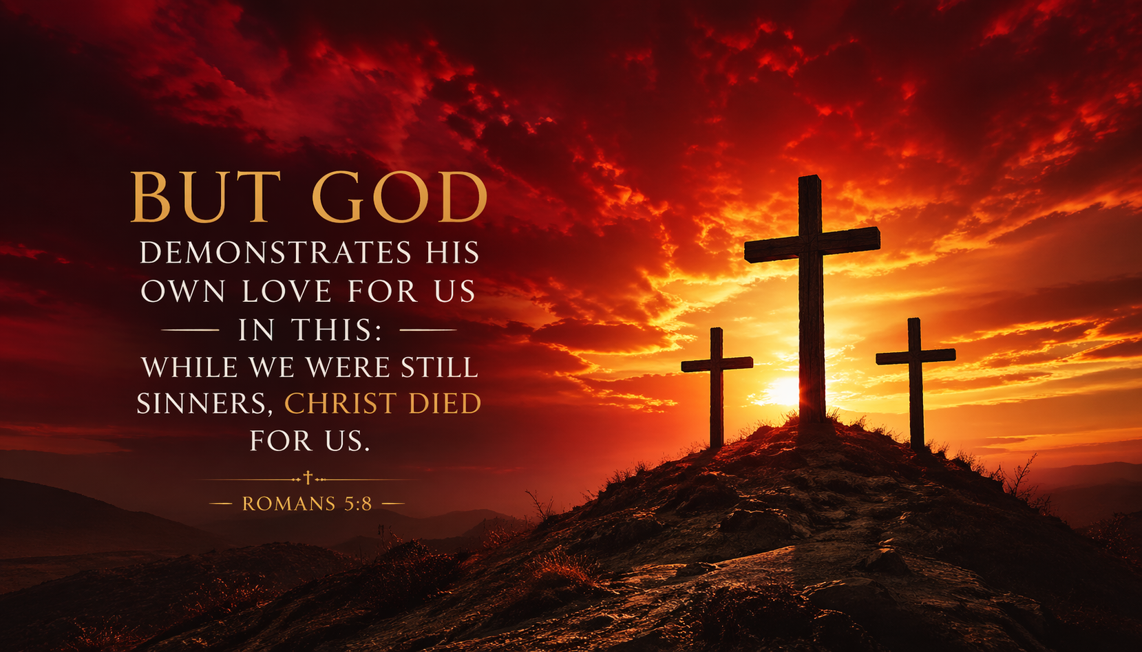 Romans 5:8 Bible verse wallpaper - God demonstrates his own love while we were still sinners Christ died for us - three crosses on hilltop at crimson sunset